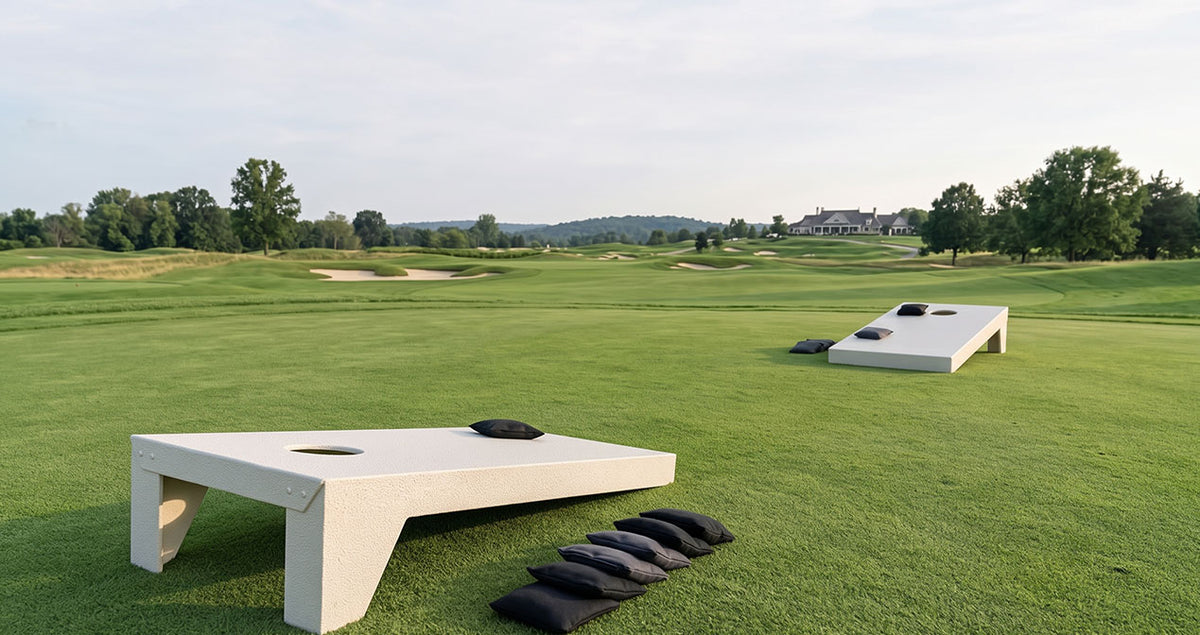Custom-branded cornhole boards on a golf course