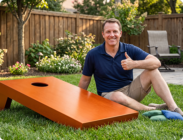 Orange cornhole board at an outdoor property