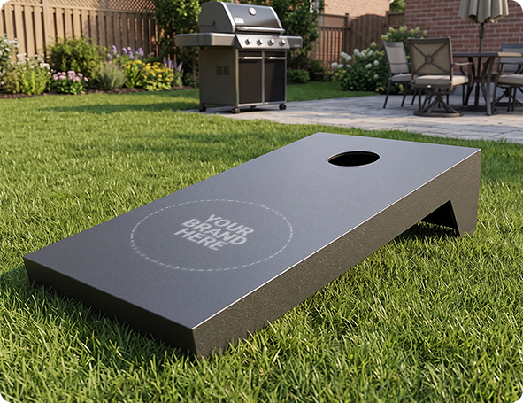 Branded cornhole board on a venue lawn